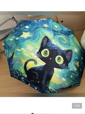 🆕️☔️🐈⬛️ CARTOON CAT & STARRY NIGHT COMPACT UMBRELLA🐈⬛️☔️